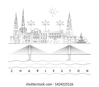 Charleston minimal linear skyline vector illustration and typography design 