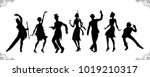 Charleston Party. Gatsby style set. Group of retro woman and man black silhouette dancing charleston. Vintage style.retro silhouette dancer.1920 party vector background.Swing dance girl.