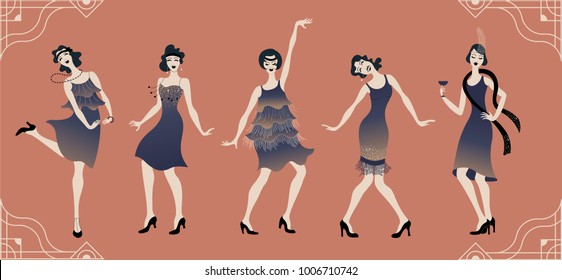 Charleston Party. Gatsby style set. Group of retro woman dancing charleston.Vintage style. retro silhouette dancer.1920 party vector background.Swing dance girl.