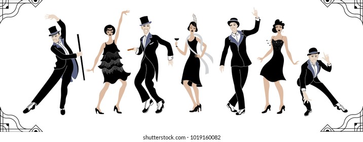 Charleston Party. Gatsby style set. Group of retro woman and man dancing charleston. Vintage style. retro silhouette dancer.1920 party vector background.Swing dance