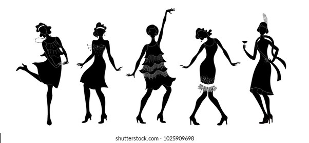 Charleston Party. Gatsby style set. Group of retro woman dancing black isolated silhouette charleston.Vintage style. retro dancer.1920 party vector background.Swing dance girl.