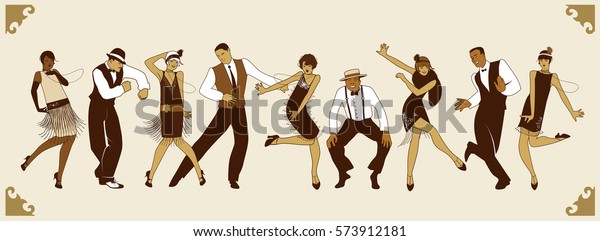Charleston Party. Group of young people dancing\
charleston. Comic style.\
