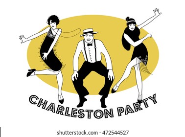 Charleston Party. Man and funny girls dancing charleston