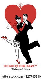 Charleston Party Valentine's Day Dance. Couple wearing retro clothes dancing Charleston. Big heart isolated on white background.