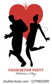 Charleston Party Valentine's Day Dance. Couple wearing retro clothes dancing Charleston. Big heart isolated on white background.