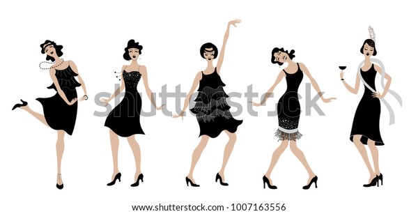 Charleston Party.black dress dancing girls \
silhouette .Gatsby style set. Group of retro woman dancing\
charleston.Vintage style. retro silhouette dancer.1920 party vector\
background.Swing dance\
girl