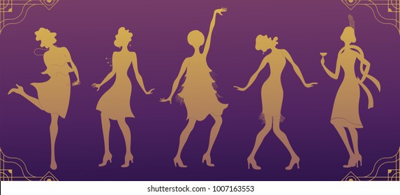 Charleston Party.Gold silhouette dancer.Gatsby style set. Group of retro woman dancing charleston.Vintage style. retro silhouette dancer.1920 party vector background.Swing dance girl