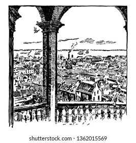 Charleston, S.C. founded in 1670, oldest and largest city of the state vintage line drawing.