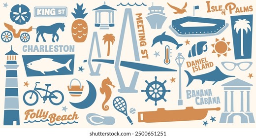 Charleston, SC Pattern | South Carolina Wallpaper | Symbols and Icons Representing Isle of Palms, Daniel Island, and Folly Beach | City Landmarks