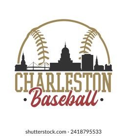 Charleston, SC, USA Baseball Skyline City Silhouette Vector. Softball Design Style Icon Symbols. Sport America Ball.