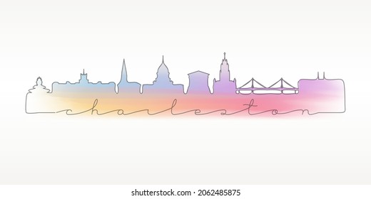 Charleston, SC, USA Skyline Watercolor City Illustration. Famous Buildings Silhouette Hand Drawn Doodle Art. Vector Landmark Sketch Drawing.