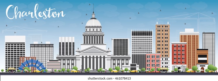 Charleston Skyline with Gray Buildings and Blue Sky. West Virginia. Vector Illustration. Business Travel and Tourism Concept with Modern Buildings. Image for Presentation Banner Placard and Web Site.