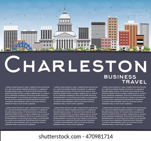 Charleston Skyline with Gray Buildings, Blue Sky and Copy Space. West Virginia. Vector Illustration. Business Travel and Tourism Concept with Modern Buildings. Image for Presentation Banner Placard.