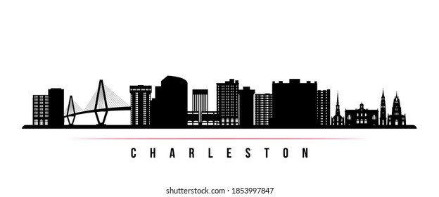 Banner horizontal de la línea horizontal del horizonte de Charleston. Silueta blanca y negra de Charleston City, Carolina del Sur. Plantilla de vectores para su diseño. 