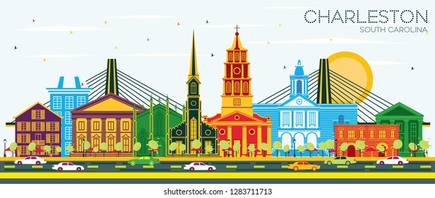 Charleston South Carolina City Skyline with Color Buildings and Blue Sky. Vector Illustration. Business Travel and Tourism Concept with Historic Architecture. Charleston Cityscape with Landmarks.