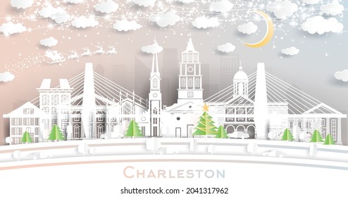 Charleston South Carolina City Skyline in Paper Cut Style with Snowflakes, Moon and Neon Garland. Vector Illustration. Christmas and New Year Concept. Santa Claus on Sleigh. Charleston Cityscape.