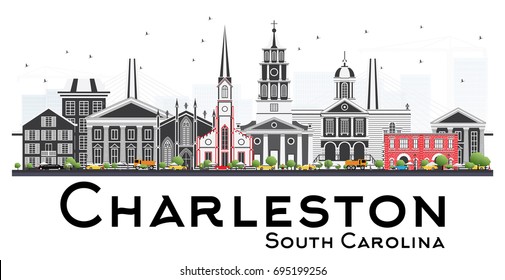 Charleston South Carolina Skyline with Gray Buildings Isolated on White Background. Vector Illustration. Business Travel and Tourism Illustration with Historic Architecture.