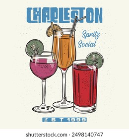 CHARLESTON Spritz Social Club Vintage Summer Cocktail T shirt Design, Cocktails retro poster vector, Party poster design. Drinks, Cocktails, Typography. Vintage pencil sketch. Engraving style. Labels