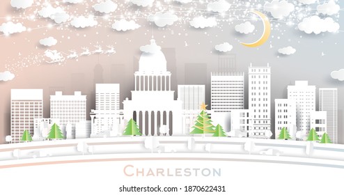 Charleston West Virginia USA City Skyline in Paper Cut Style with Snowflakes, Moon and Neon Garland. Vector Illustration. Christmas and New Year Concept. Santa Claus on Sleigh.