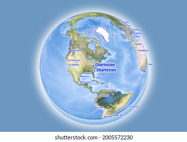 Charleston-United States of America is shown on vector globe map. The map shows Charleston-United States of America 's location in the world.