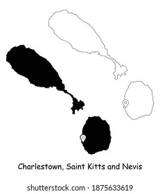 Charlestown, Saint Kitts and Nevis. Detailed Country Map with Location Pin on Capital City. Black silhouette and outline maps isolated on white background. EPS Vector