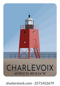 Charlevoix lighthouse located on Lake Michigan, USA. Vector illustration