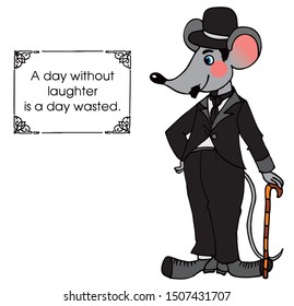 Charlie Chaplin mouse with a quote. Colored vector for card or gift.