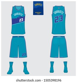 Charlotte basketball uniform mockup template design for basketball club. Tank top t-shirt mockup for basketball jersey. Front view, back view basketball shirt. Sport logo design. Vector Illustration.
