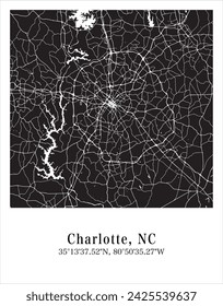 Charlotte city map. Travel poster vector illustration with coordinates. Charlotte, North Caroline, The United States of America Map in dark mode.