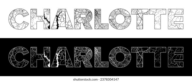 Charlotte City Name (United States, North America) with black white city map illustration vector