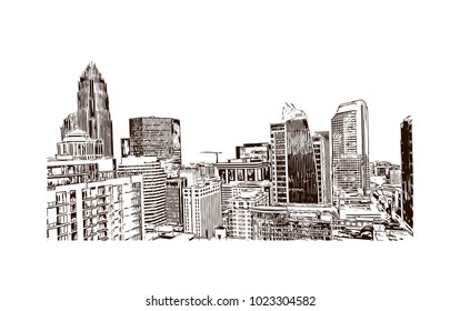 Charlotte City in North Carolina, USA. Hand drawn sketch illustration in vector.