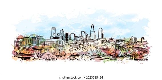 Charlotte City in North Carolina, USA. Watercolor splash with Hand drawn sketch illustration in vector.