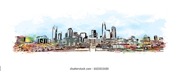 Charlotte City in North Carolina, USA. Watercolor splash with Hand drawn sketch illustration in vector.