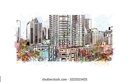 Charlotte City in North Carolina, USA. Watercolor splash with Hand drawn sketch illustration in vector.