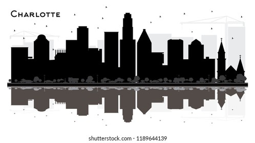 Charlotte City skyline black and white silhouette with Reflections. Simple flat concept for tourism presentation, banner, placard or web site. Charlotte Cityscape with landmarks.
