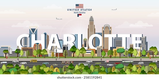 Charlotte city skyline colorful vector illustration. Travel poster