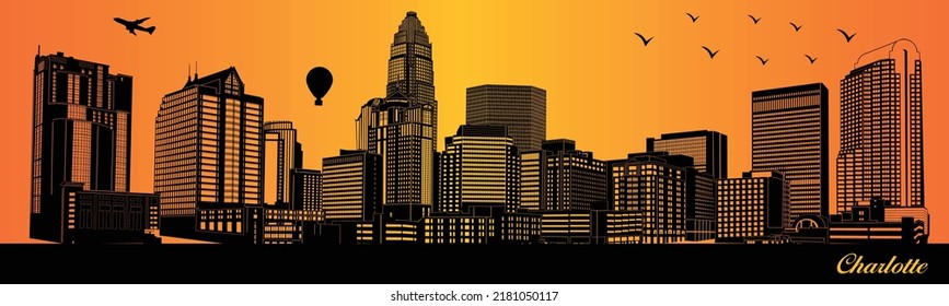 Charlotte city skyline silhouette - illustration, 
Town in orange background