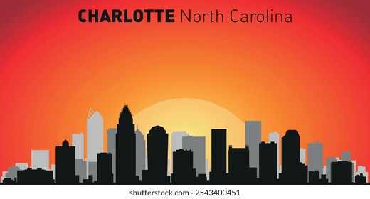 Horizonte de la ciudad de Charlotte con siluetas de edificios con el telón de fondo de un Grande sol amarillo y cielo naranja. Vector en el fondo de la puesta del sol