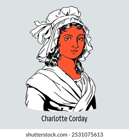 Charlotte Corday - noble francesa, asesina de Jean Paul Marat. Ejecutado por los Jacobinos. Ilustración vectorial dibujada a mano