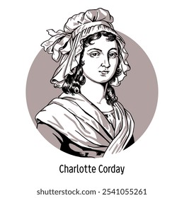 Charlotte Corday fue una mujer que asesinó al líder de la facción jacobina en la Revolución Francesa, Jean-Paul Marat. Ilustración vectorial dibujada a mano