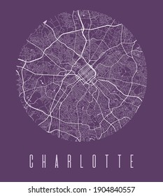 Charlotte map poster. Decorative design street map of Charlotte city. Cityscape aria panorama silhouette aerial view, typography style. Land, river, highways. Round circular vector illustration.