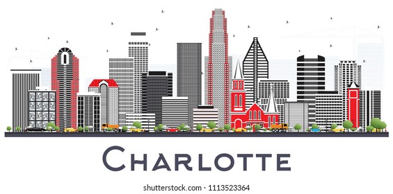 Skyline de la ciudad de Charlotte NC con edificios grises aislados en blanco. Ilustración vectorial. Concepto de viajes de negocios y turismo con arquitectura moderna. El paisaje urbano de Charlotte con monumentos.