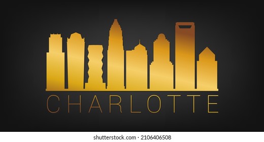 Charlotte, NC, USA Gold Skyline City Silhouette Vector. Golden Design Luxury Style Icon Symbols. Travel And Tourism Famous Buildings.