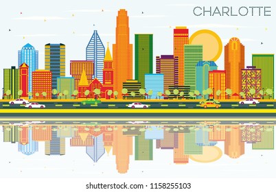 Skyline de la ciudad de Charlotte Carolina del Norte con edificios de color, cielo azul y reflexiones. Ilustración vectorial. Concepto de negocios y turismo con arquitectura moderna. El paisaje urbano de Charlotte con monumentos.