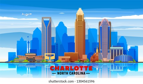 Charlotte ( North Carolina ) city skyline at sky background. Vector Illustration. Business travel and tourism concept with modern buildings.