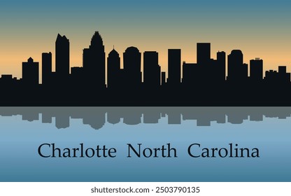 Carlota. Carolina del Norte. El horizonte de la ciudad. Siluetas de edificios. El atardecer del día. Vector sobre un fondo azul