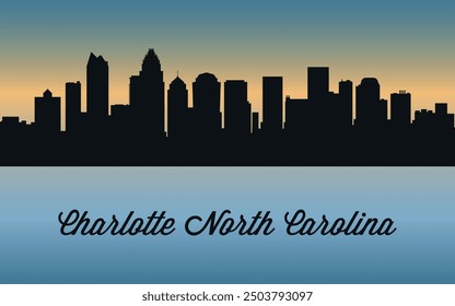 Charlotte. North Carolina. The city skyline. Silhouettes of buildings. The sunset of the day. Vector on a blue background