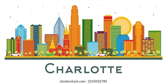 Skyline da cidade de Charlotte North Carolina com prédios coloridos isolados em branco. Ilustração de vetor. Business Travel and Tourism Concept com arquitetura moderna. Charlotte Cityscape com Landmarks.
