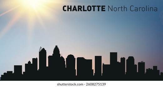 Charlotte, North Carolina city skyline against a sunrise or sunset.

