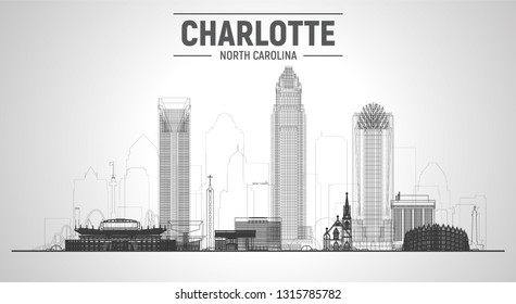 Charlotte ( North Carolina ) line skyline with silhouette at white background. Vector Illustration. Business travel and tourism concept with modern buildings. 